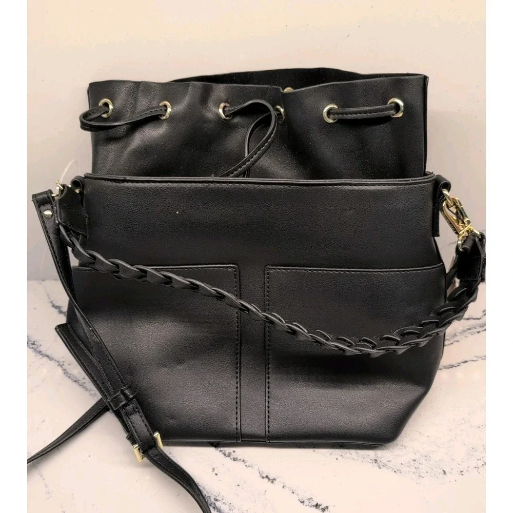 STEVE MADDEN BDaniela faux-leather black bucket‎ bag NWT